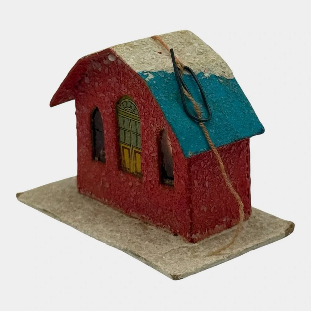 Miniature Putz House Mica Christmas Ornament Red Blue 1950s Japan Vintage